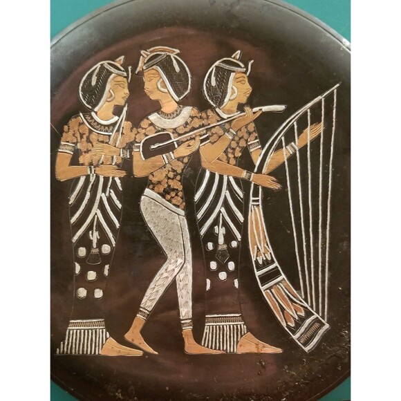 Egyptian Musicians Vintage Black Enamel & Bronze Wall Hanging Decorative Plate - Picture 2 of 4